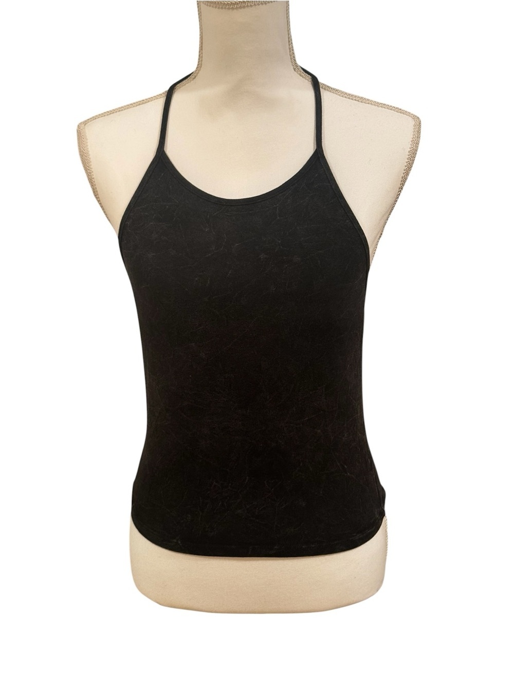 Popular Basics black heathered halter tank top, string tie in back, M.